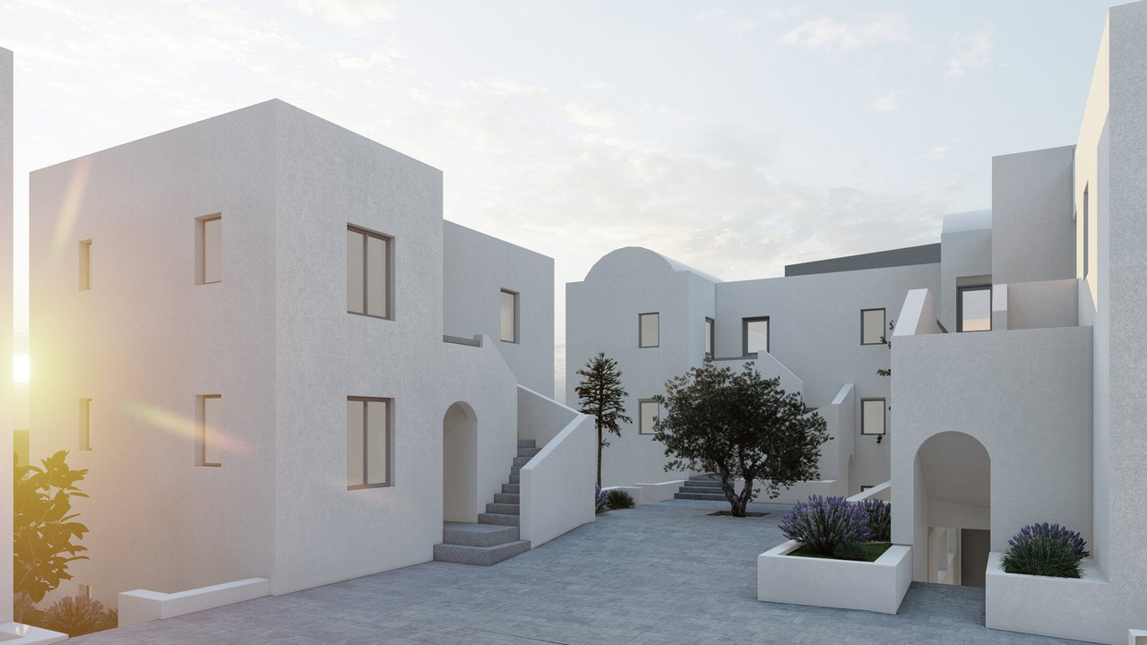 Rendering of the whitewashed courtyard